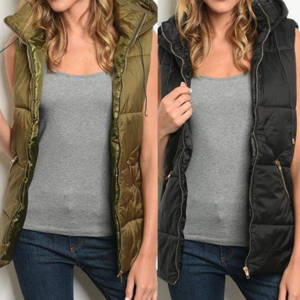 HOODED OLIVE PUFFER VEST - Picture 4 of 4